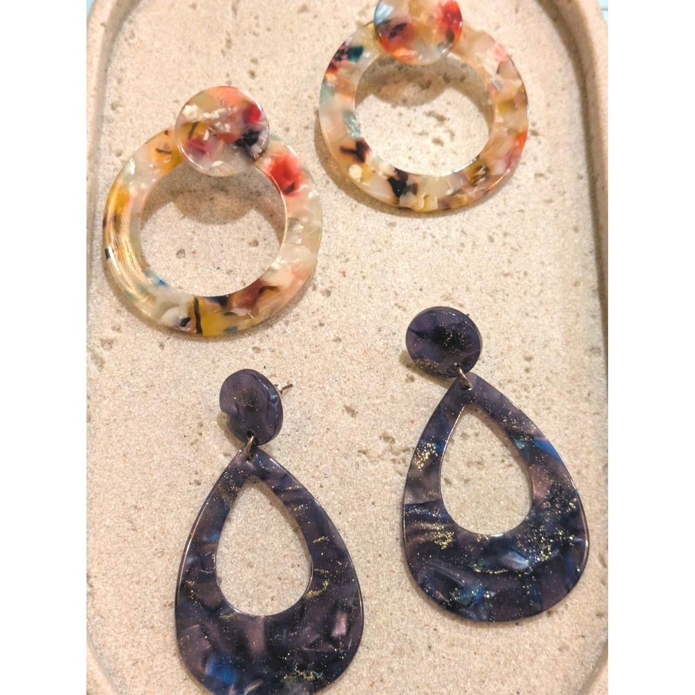 80s Style Earrings Set 2 Pair Glitter Acrylic Bold Galaxy Rainbow Dangle Drop